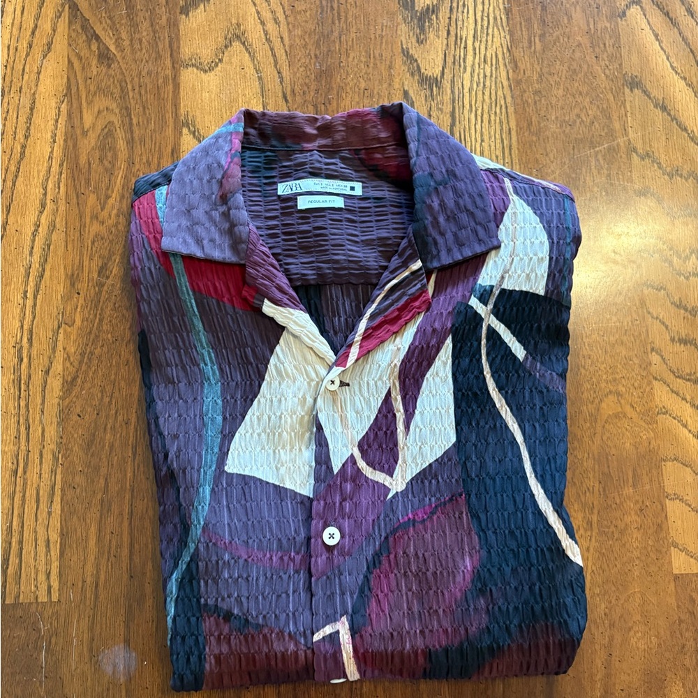 Zara Multicolor Textured Button-Down Shirt - Purple, Navy, Cream, Red